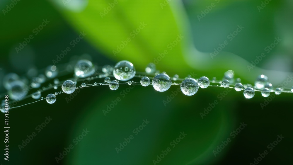 Dew Drops Glimmering on a Spider Web with Green Background


