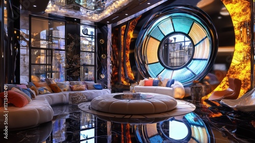 Luxurious modern living room with circular stained glass window,  stylish seating, and opulent d?cor. photo