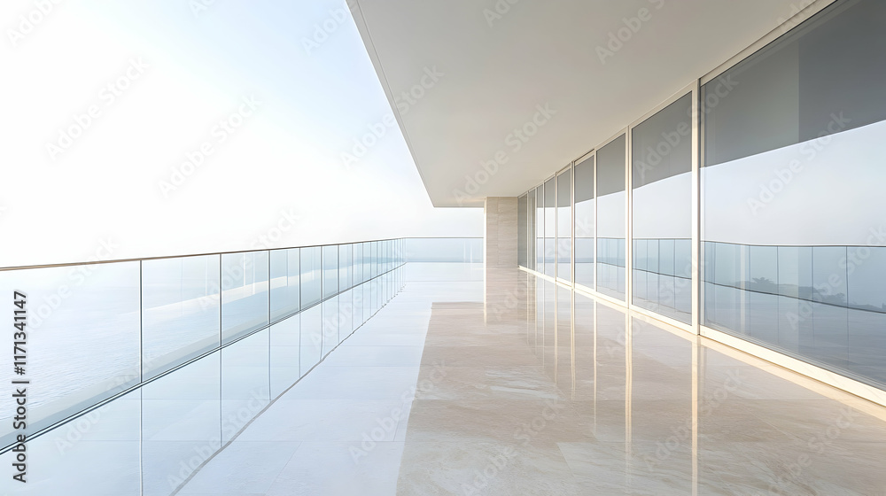 Obraz premium Minimalist balcony with frameless glass railings and smooth concrete flooring, set against an urban skyline