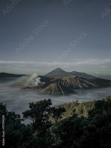 Morning day Background of Mount Bromo Indonesia. Flat cartoon style historic sight showplace attraction web site vector illustration. World