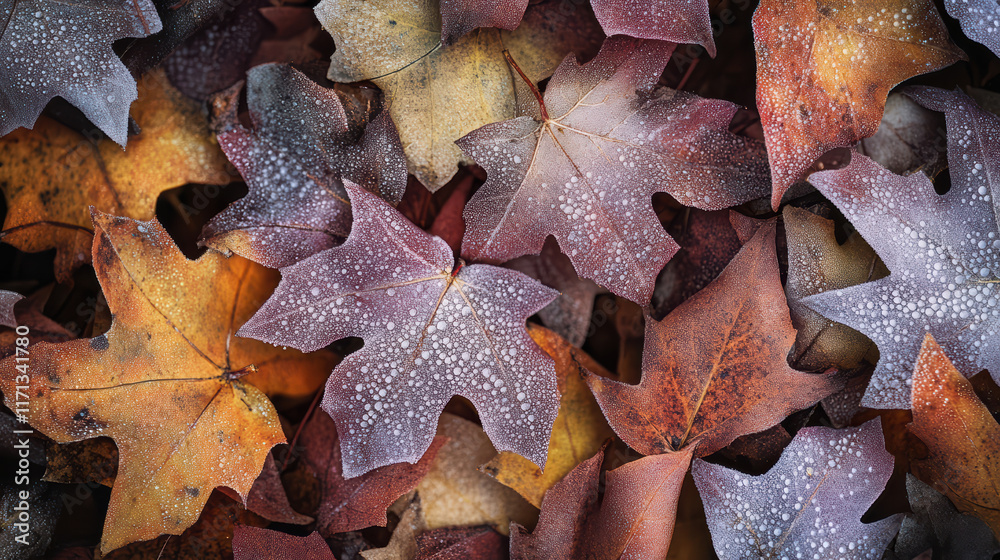 Close up of dew kissed leaves in vibrant autumn colors, showcasing rich textures and natural beauty. leaves display mix of orange, red, and brown hues, creating warm, inviting atmosphere Close up of dew kissed leaves in vibrant autumn colors, showcasing rich textures and natural beauty. leaves display mix of orange, red, and brown hues, creating warm, inviting atmosphere