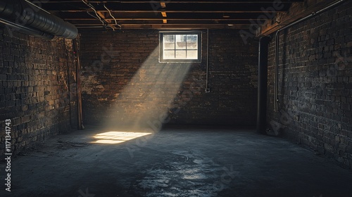 Sunbeam illuminates dark brick basement.