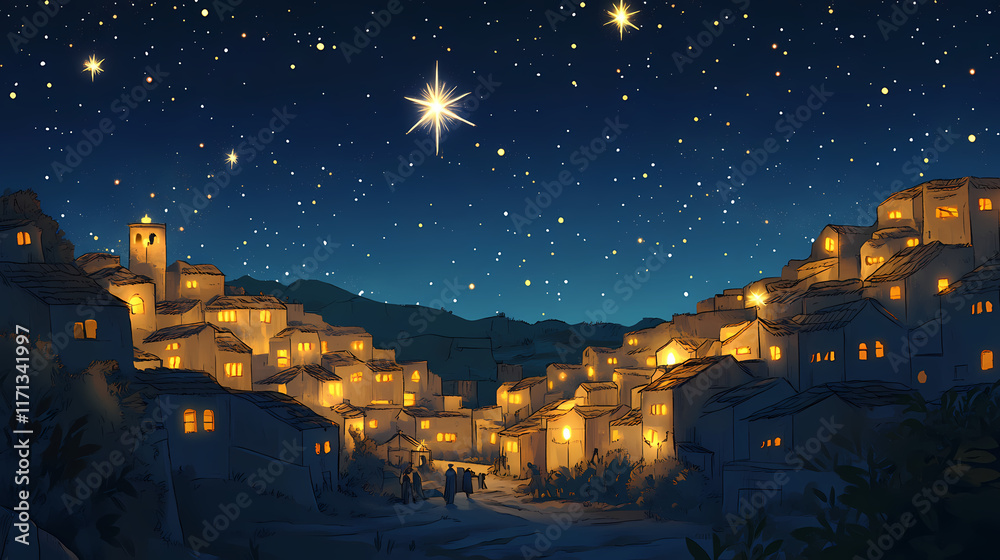 Naklejka premium Star shining over bethlehem village at night during christmas. Twilit. Illustration