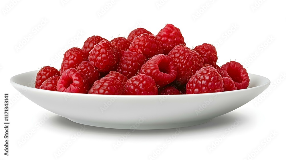 Fresh and Juicy Raspberries on White Plate for Healthy Eating Fresh and Juicy Raspberries on White Plate for Healthy Eating