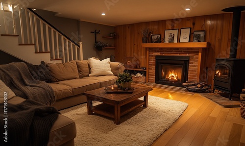 Cozy basement living room with fireplace, wood stove, and comfy seating.