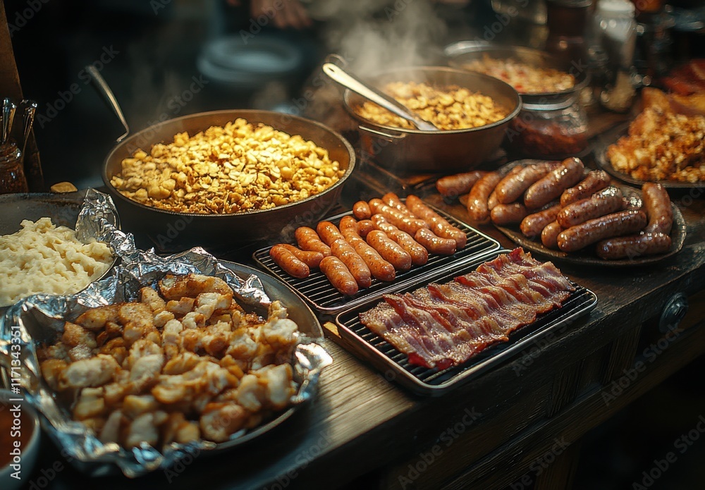 Obraz premium Abundant Spread of Delicious Breakfast Foods Including Sausages, Bacon, Eggs, and Cheesy Potatoes on a Rustic Tabletop With Steaming Dishes and Warm Atmosphere