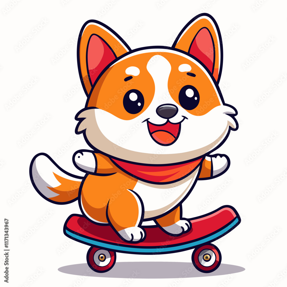 Cartoon Corgi Skateboarding with a Happy Expression – Cute and Playful Dog Illustration Cartoon Corgi Skateboarding with a Happy Expression – Cute and Playful Dog Illustration