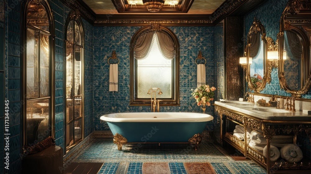 Obraz premium Luxurious blue bathroom with clawfoot tub, ornate details, and large window.