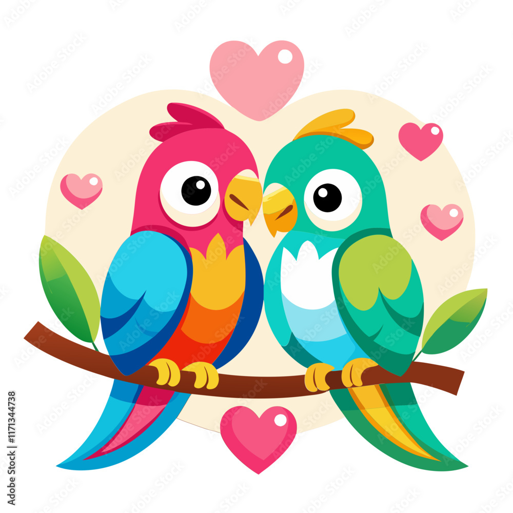Obraz premium Cute cartoon lovebirds, colorful parrots vector illustration