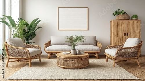 Modern minimalist living room interior design with rattan furniture, wooden coffee table, plants, and large framed artwork.
