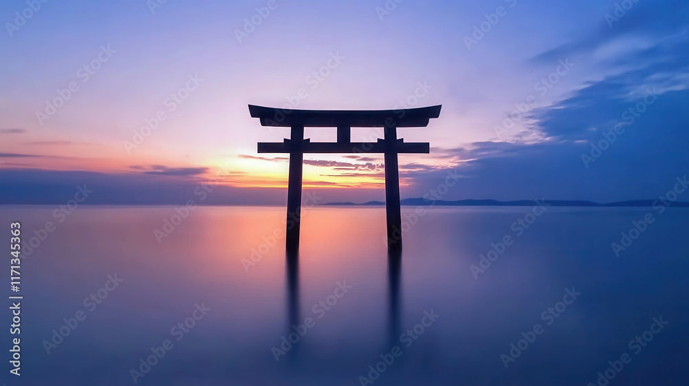 Traditional Japanese Torii Gate Built on Stilts Against Scenic Sunset Background Traditional Japanese Torii Gate Built on Stilts Against Scenic Sunset Background
