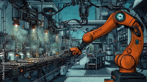 Cyberpunk Factory: Digital Painting of an Orange Robotic Arm at Work AI Generated photo