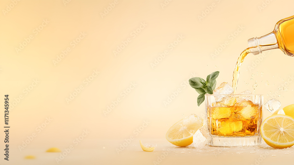 Product photography of a whiskey bottle accompanied by lemons and ice, highlighting a refreshing and sophisticated beverage arrangement in a professional studio setting.
Product photography of a whiskey bottle accompanied by lemons and ice, highlighting a refreshing and sophisticated beverage arrangement in a professional studio setting.