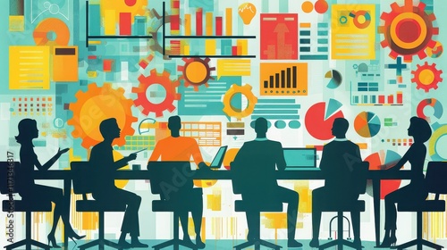 Business team working collaboratively on a presentation in a conference room.
