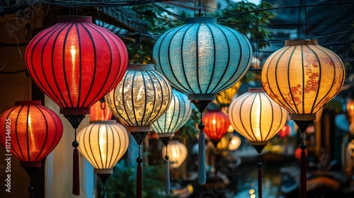 Colorful glowing lanterns hanging in the evening.
