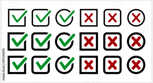 Green tick and red cross icon Check mark clipart set. X, yes, no symbol. Vector stock illustration