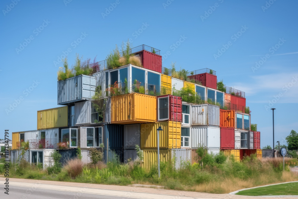 Fototapeta premium Colorful container housing with vibrant greenery and innovative layout