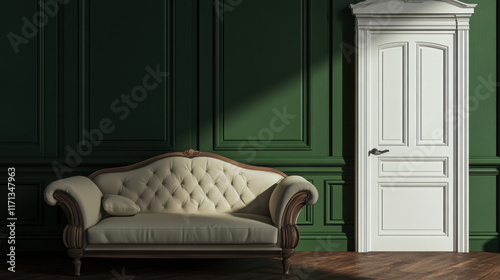 A living room sofa is positioned against an green wall, with a white classic door in background --ar 16:9 --v 6.1 Job ID: 88b0af52-daea-4de7-901c-9c1209eb14ec