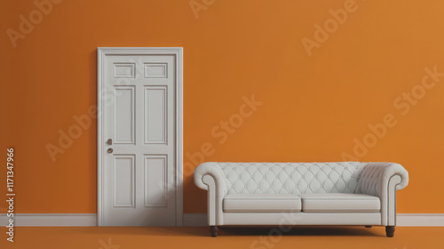 A living room sofa is positioned against an orange wall, with a white classic door in background --ar 16:9 --v 6.1 Job ID: b29fd0d9-66dc-407b-b7e5-12de357c8d92