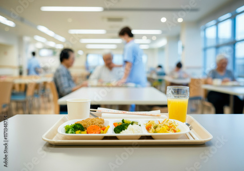 Lunch service in a senior care facility during a daytime meal with residents and staff interacting