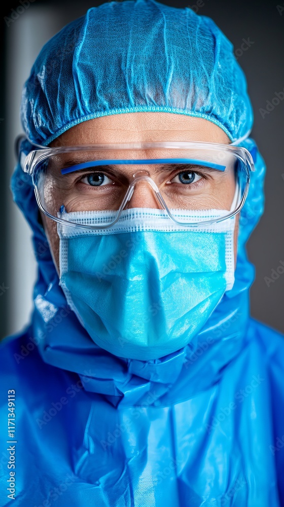 Close-up portrait of a Caucasian male medical professional wearing protective gear. Serious expression, blue tones. Close-up portrait of a Caucasian male medical professional wearing protective gear. Serious expression, blue tones.
