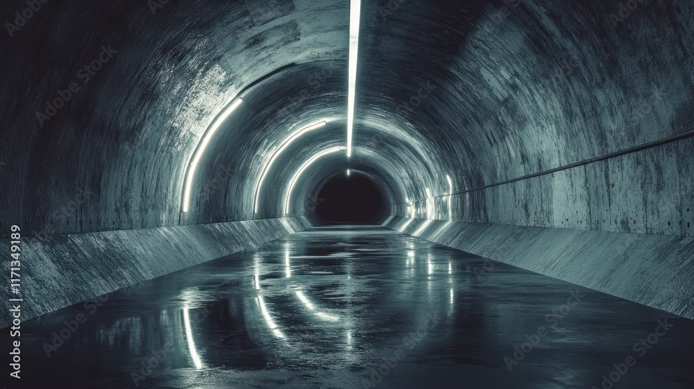 Obraz premium Empty, dark, concrete tunnel with wet floor and glowing neon lights.