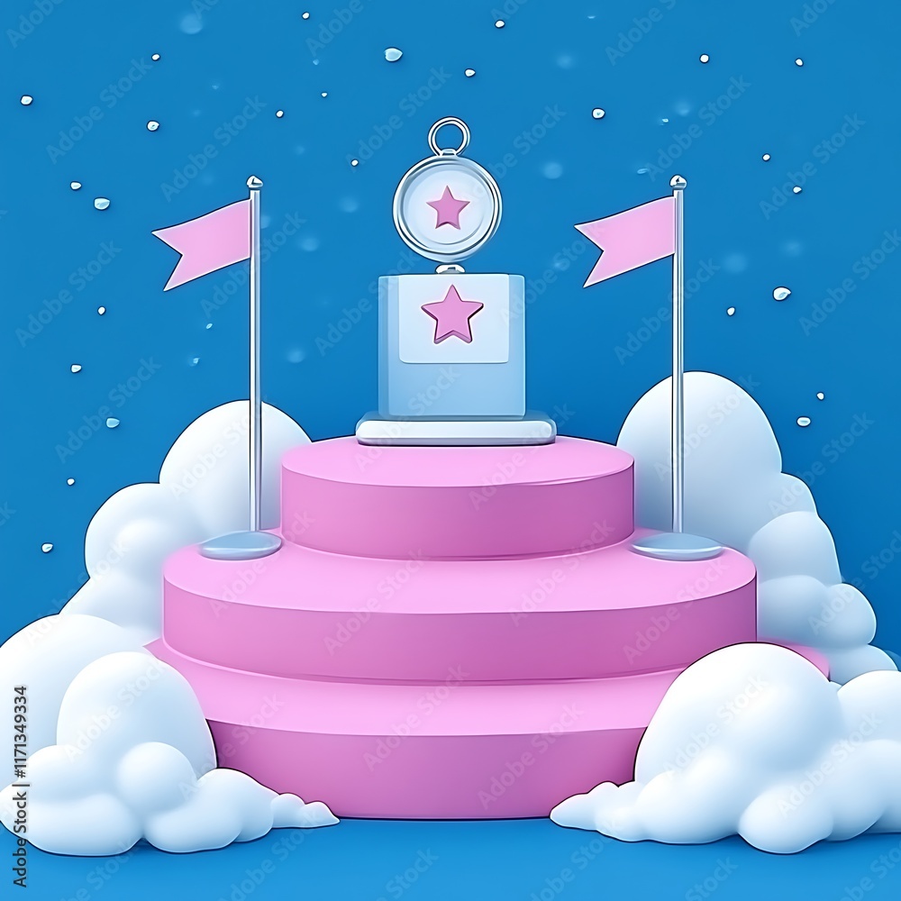 Pink Award Stand with Star Compass Flags and Clouds