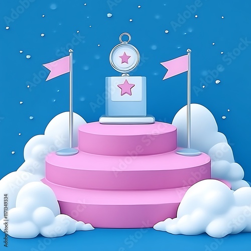 Obraz na płótnie Pink Award Stand with Star Compass Flags and Clouds w salonie