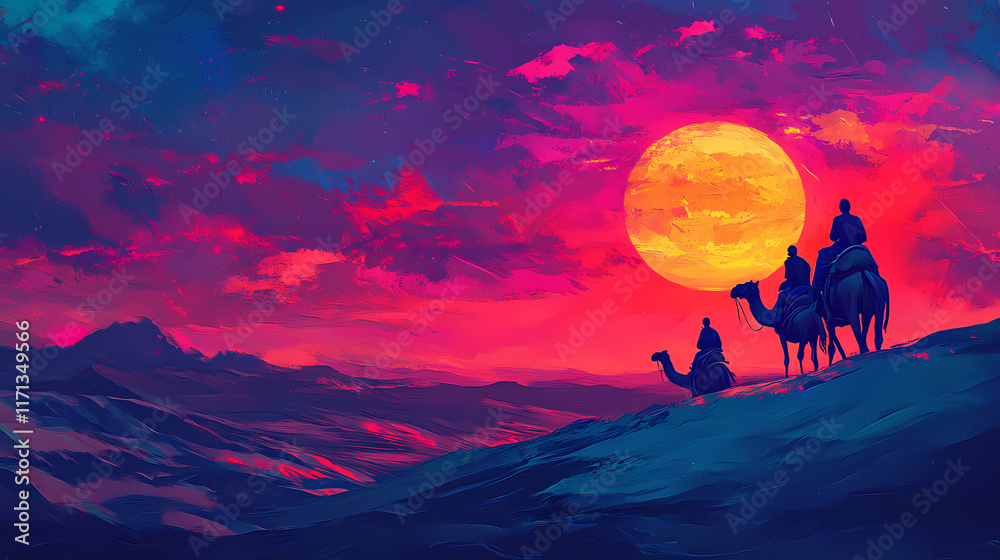 Fototapeta premium Dos personas montando camellos en un desierto con dunas suaves, iluminadas por un atardecer colorido. Twilit. Illustration