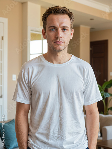 Hombre blanco de pie con camiseta blanca casual en el interior de una casa moderna 