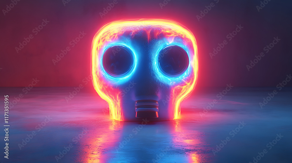 Glowing neon skull with gas mask in dark setting. Glowing neon skull with gas mask in dark setting.