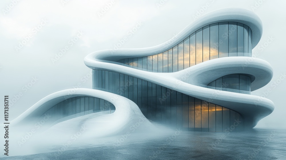 Futuristic white building with flowing curves and glass facade in foggy landscape. Futuristic white building with flowing curves and glass facade in foggy landscape.