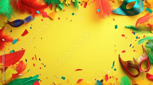 Carnival abstract background. Featuring bright colors like yellow, red, and green. Celebrating joy, culture, and festive energy. Ideal for Carnival celebrations photo