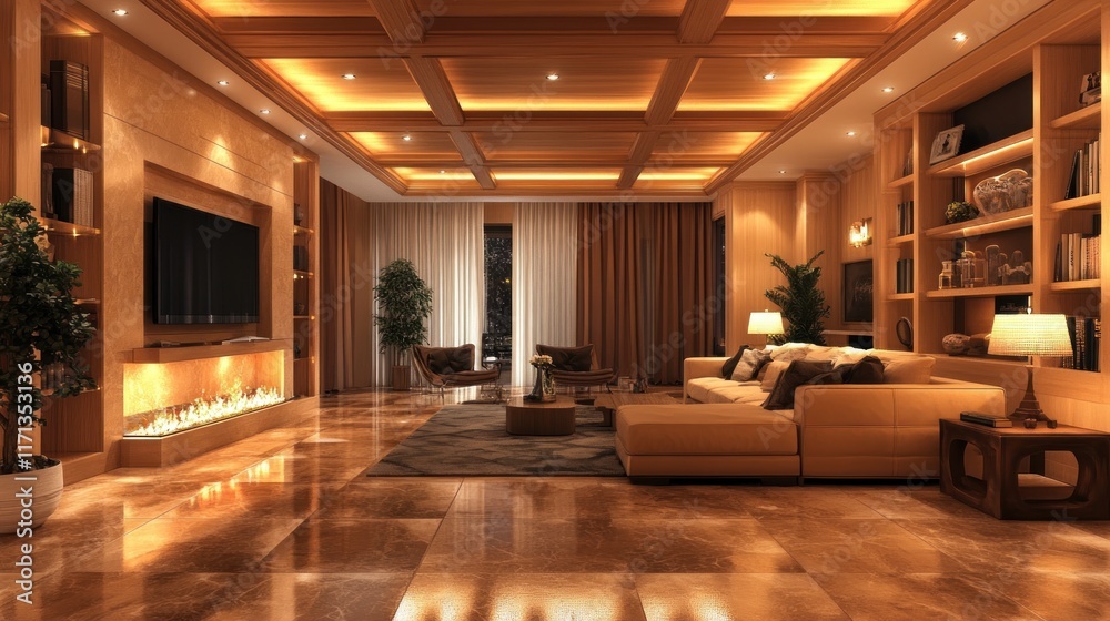 A luxurious living room with elegant lighting and modern furnishings for relaxation and entertainment. A luxurious living room with elegant lighting and modern furnishings for relaxation and entertainment.
