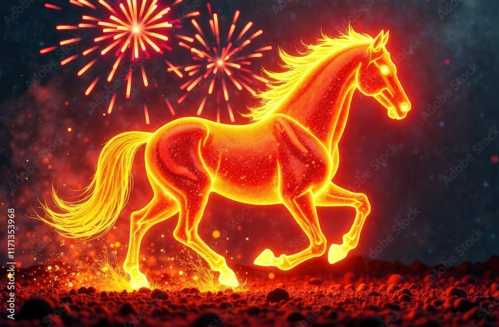 Fiery glowing horse with explosive fireworks in the night sky Fiery glowing horse with explosive fireworks in the night sky