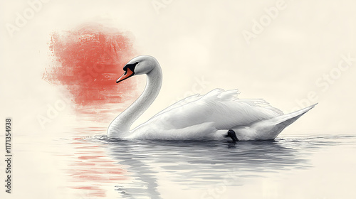 Fototapeta Naklejka Na Ścianę i Meble -  Elegant white swan gracefully gliding on calm water, sunset reflection.