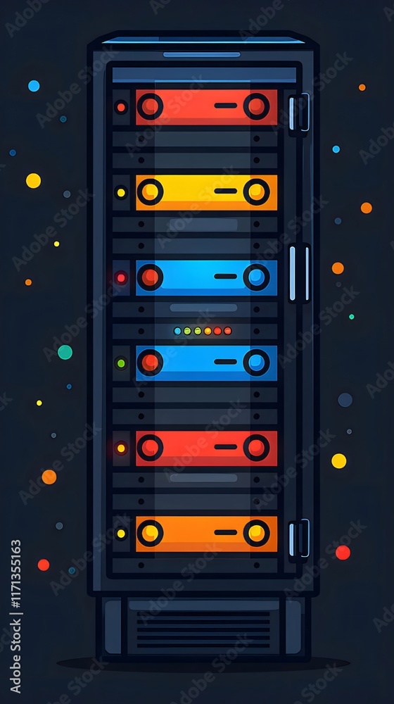 Illustrated server rack with colorful lights, data center concept. Illustrated server rack with colorful lights, data center concept.