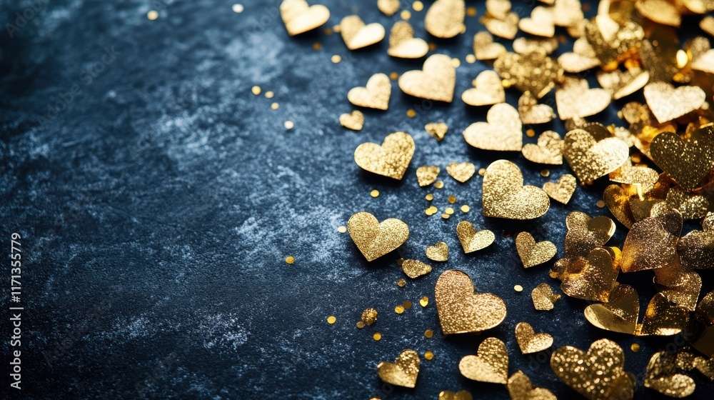 Fototapeta premium Golden hearts glimmer against a serene blue backdrop, creating a captivating scene that celebrates love and affection on Valentine's Day.