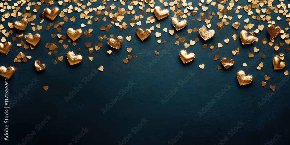 Obraz premium Golden hearts dance across a serene blue canvas, casting a romantic glow that whispers love's sweet embrace this Valentine's Day.
