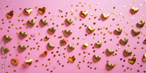 A romantic scene unfolds with a soft pink backdrop adorned with shimmering gold hearts and playful confetti, celebrating the essence of love and joy.