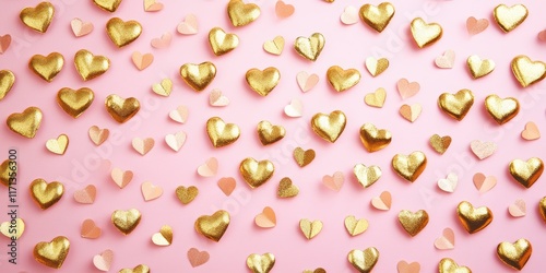 A romantic pink backdrop adorned with shimmering gold hearts, perfect for celebrating love and affection this Valentine's Day.