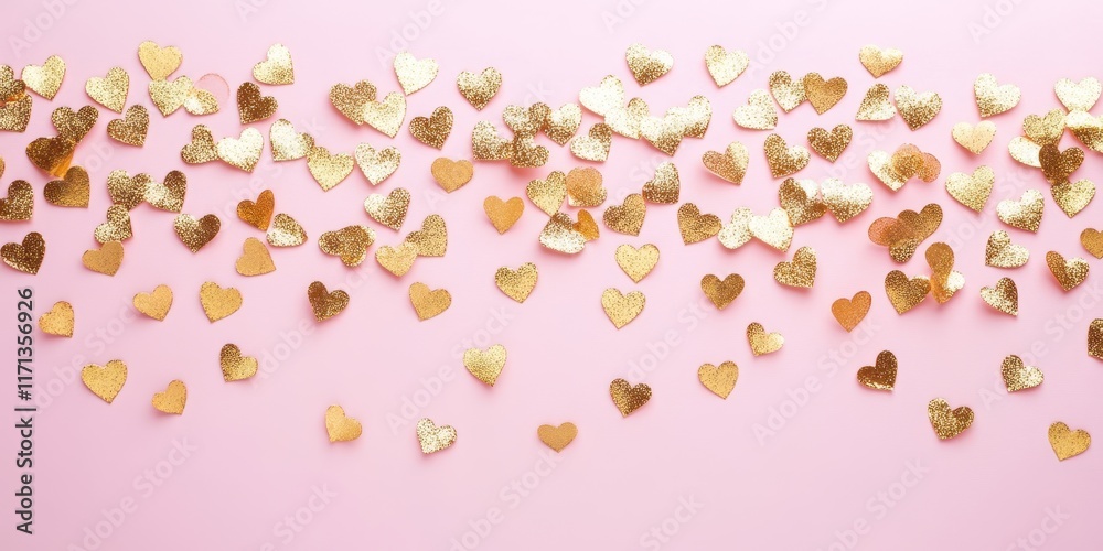Shimmering gold hearts dance playfully across a soft pink canvas, embodying love and joy in a whimsical celebration of Valentine's Day. Shimmering gold hearts dance playfully across a soft pink canvas, embodying love and joy in a whimsical celebration of Valentine's Day.