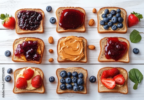 Wallpaper Mural Colorful Arrangement of Toasts with Varied Spreads including Peanut Butter, Berry Jam, and Fresh Fruits on a Light Wooden Surface Torontodigital.ca