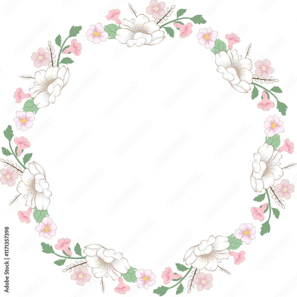 Floral wreath with white and pink flowers, green leaves, and delicate design. Perfect for invitations, wedding decorations, stationery, or romantic-themed Floral wreath with white and pink flowers, green leaves, and delicate design. Perfect for invitations, wedding decorations, stationery, or romantic-themed
