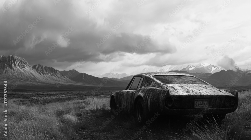 Fototapeta premium A retro vehicle stands on the beach. A burned extended cab truck along the edge of a field in a countryside spring landscape