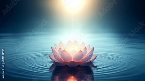 Lotus floats on calm water with ripples and an aura of light above. A visual metaphor for meditation, mindfulness, and achieving inner peace
