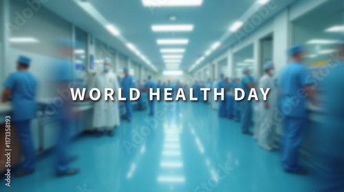 Blurred hospital scene with medical staff in blue uniforms and World Health Day text overlay. Healthcare and medical care concept photo