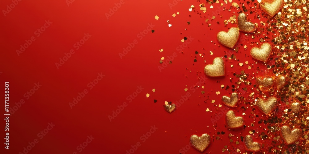 Vibrant red background adorned with scattered hearts and shimmering gold confetti, creating a festive atmosphere of love and celebration.