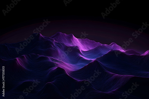 3D render of abstract glowing purple and blue waves, dark background