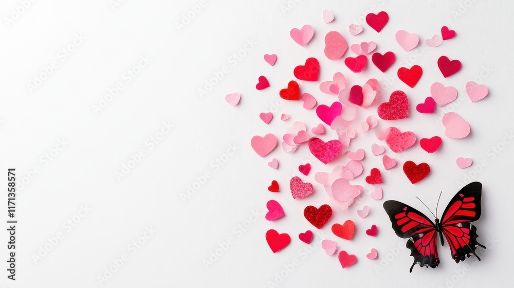 Heartfelt Love: A delicate butterfly perched amidst a cascade of paper hearts, symbolizing the beauty and fragility of love. A romantic backdrop for Valentine's Day greetings, wedding invitations. Heartfelt Love: A delicate butterfly perched amidst a cascade of paper hearts, symbolizing the beauty and fragility of love. A romantic backdrop for Valentine's Day greetings, wedding invitations.